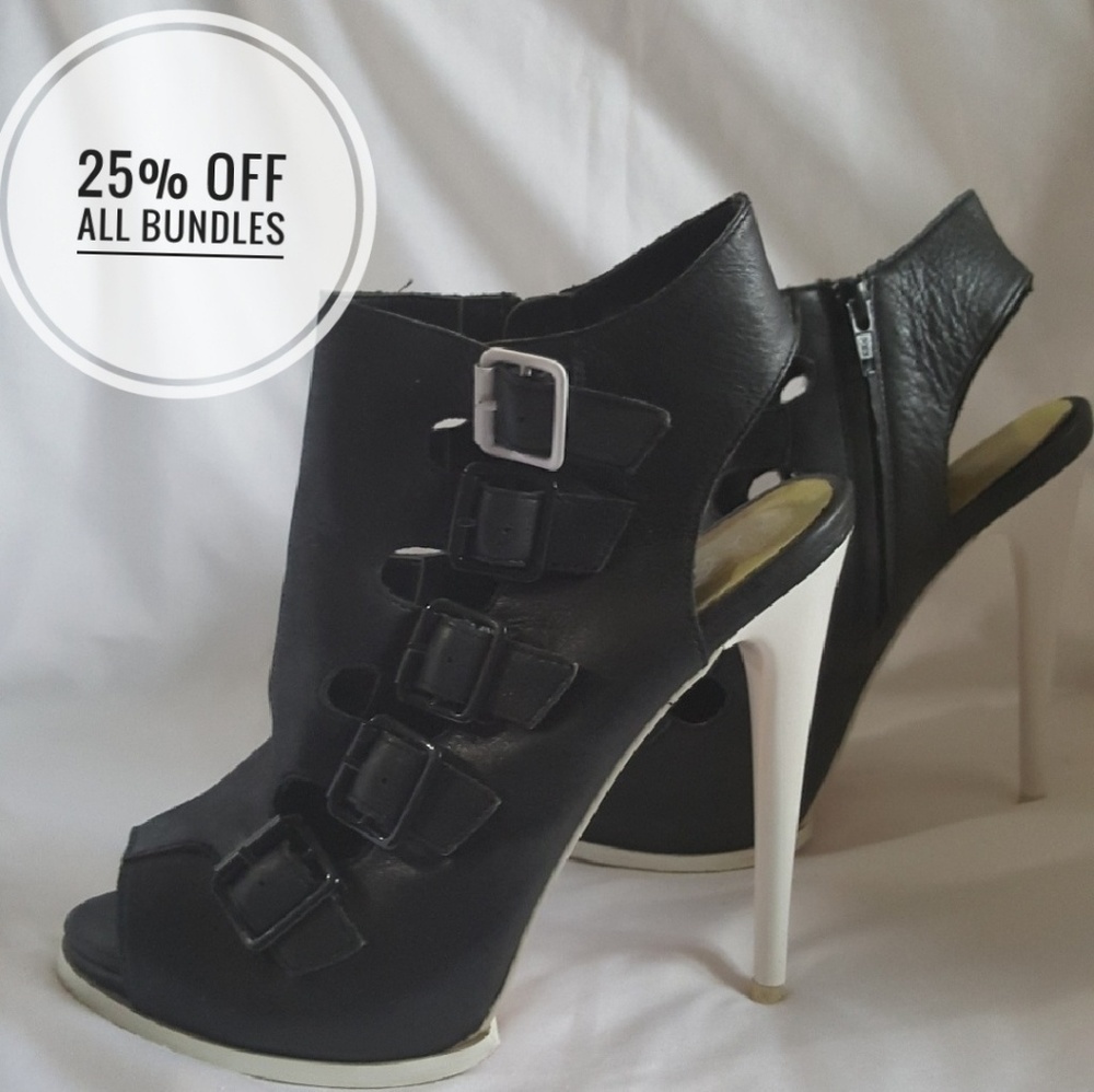 Black open toe heeled bootie